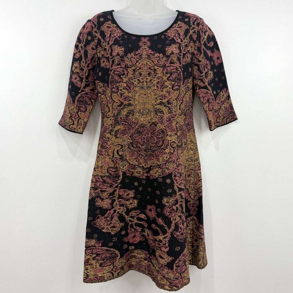 Peruvian Connection Sweater Dress M Mondovi Metallic Floral Pima Cotton Boho